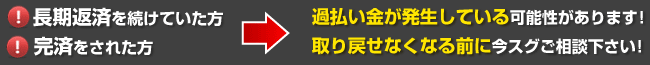 長期返済を続けていた方、完済された方、過払い金が発生している可能性があります！取り戻せなくなる前に今すぐご相談下さい！